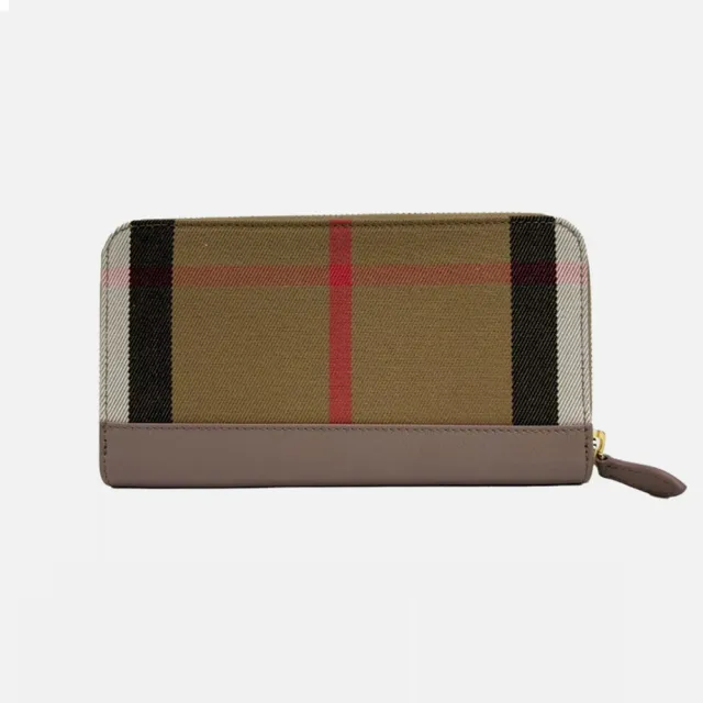 【BURBERRY 巴寶莉】經典格紋帆布拼接牛皮拉鍊長夾 紫藕色(80845171)