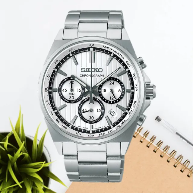 【SEIKO 精工】CS系列 條紋三眼計時碼錶男錶 白 41mm(SBTR031J.8T63-01T0S)