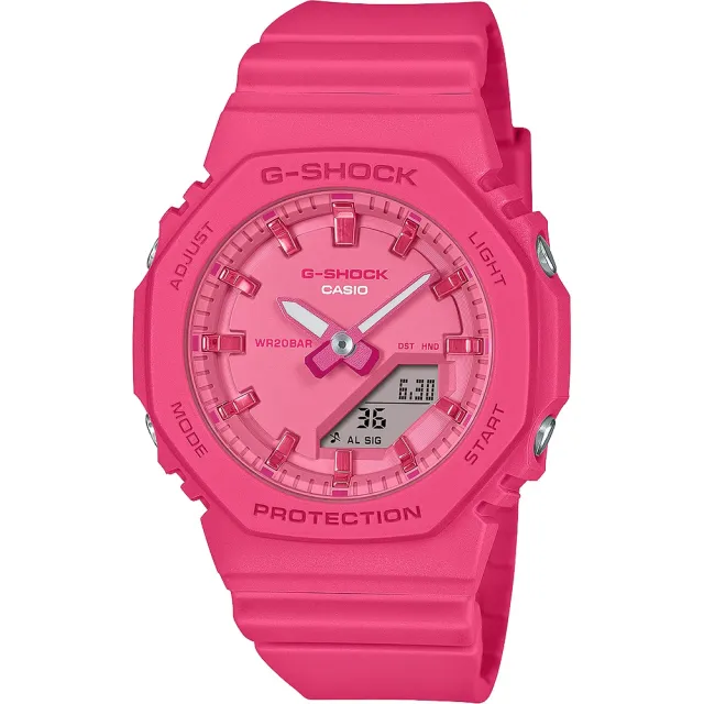 【CASIO 卡西歐】G-SHOCK 單色活力粉紅 八角雙顯手錶 -40.2mm粉紅(GMA-P2100PP-4A)