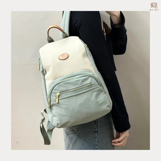 【MYMY】雙11 雙側拉鍊防盜後背包 灰綠色(防水包 尼龍/後背/防盜/防潑水/布包/後開式)