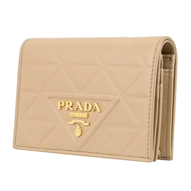 【PRADA 普拉達】經典浮雕三角LOGO皮革格紋對折零錢短夾(沙色)