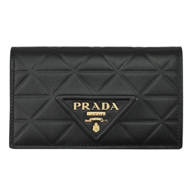 【PRADA 普拉達】經典浮雕三角LOGO皮革格紋多卡對折中夾(黑)
