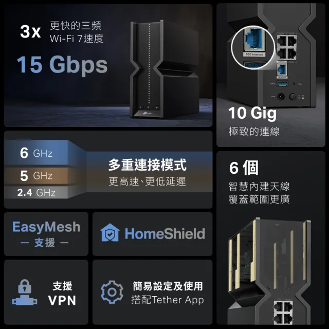 【TP-Link】Wi-Fi 7 BE15000三頻8串流10G無線網路路由器 分享器(支援AI筆電/EasyMesh/VPN/Archer BE700)