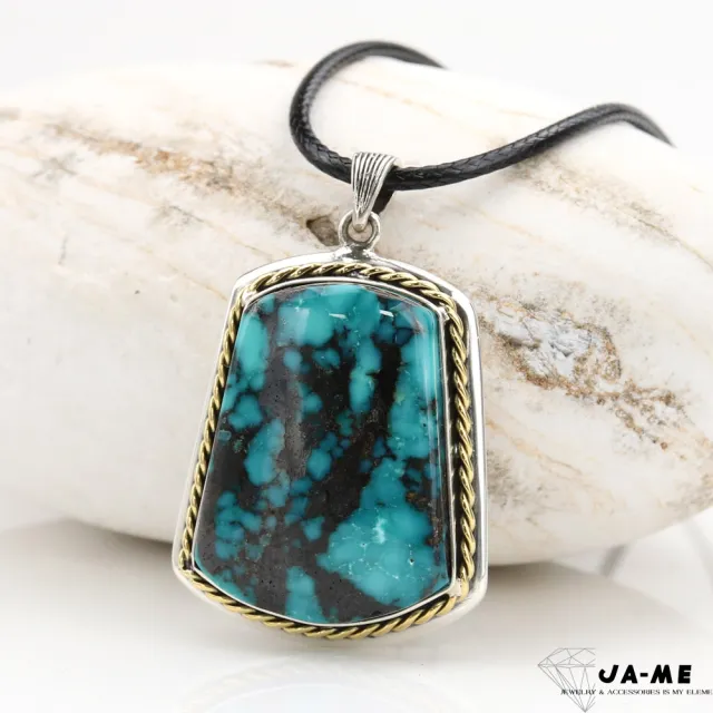 【JA-ME】天然綠松石土耳其石 高磁藍水草紋無事牌925純銀項鍊 11.5克(年終慶/雙12/聖誕節/現貨/僅此一件)