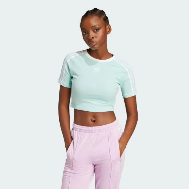 【adidas 愛迪達】3 S Baby Tee 女 T恤 運動上衣 休閒短袖 短版 藍綠 亞版(JD0306)