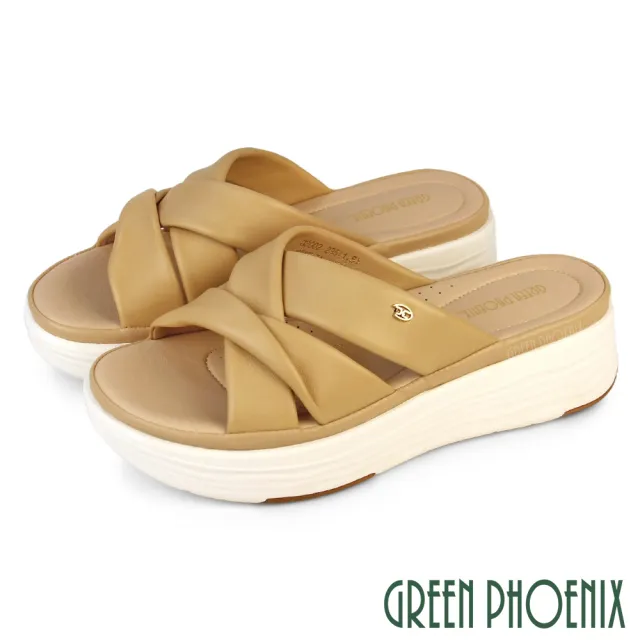 【GREEN PHOENIX 波兒德】女鞋 拖鞋 厚底拖鞋 楔型拖鞋 扭結 輕量 羊皮(米色、杏色)