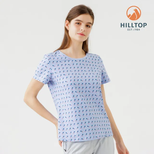 【Hilltop 山頂鳥】Polygiene抗菌抗UV吸濕快乾印花彈性T恤 女款 藍底小花｜PS04XFN3ECEZ