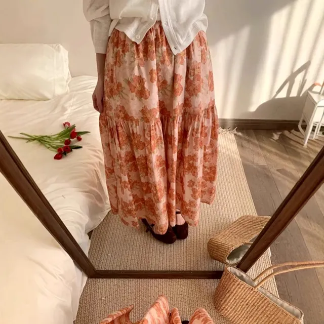 【米蘭精品】現貨+預購 女半身裙A字裙網紗裙中長裙百褶裙子大碼洋裝休閒大尺碼女裝(碎花壓褶2色74km70)
