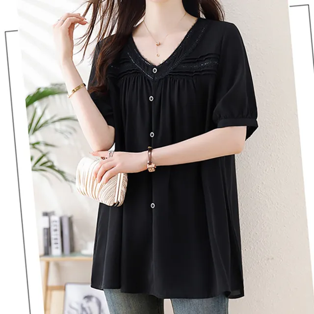 【麗質達人】8059黑色V領短袖上衣-LY(L-5XL)
