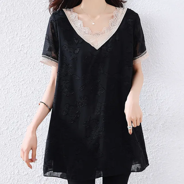 【麗質達人】535蕾絲滾邊V領上衣-AA (L-5XL)