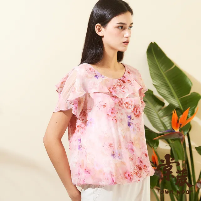 【TOWN’WEAR 棠葳】粉紅花卉雪紡上衣(中大尺碼/女上衣/女上著/短袖/透膚/滿版/印花/飄逸)
