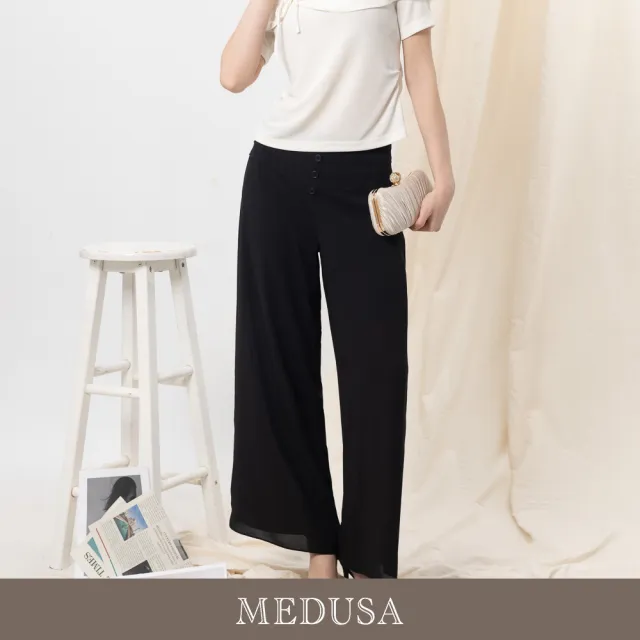 【MEDUSA 曼度莎】現貨-壓摺裝飾排釦雪紡長褲 - 2色（M-XL）｜女寬褲 雪紡寬褲 上班穿搭(601-70602)