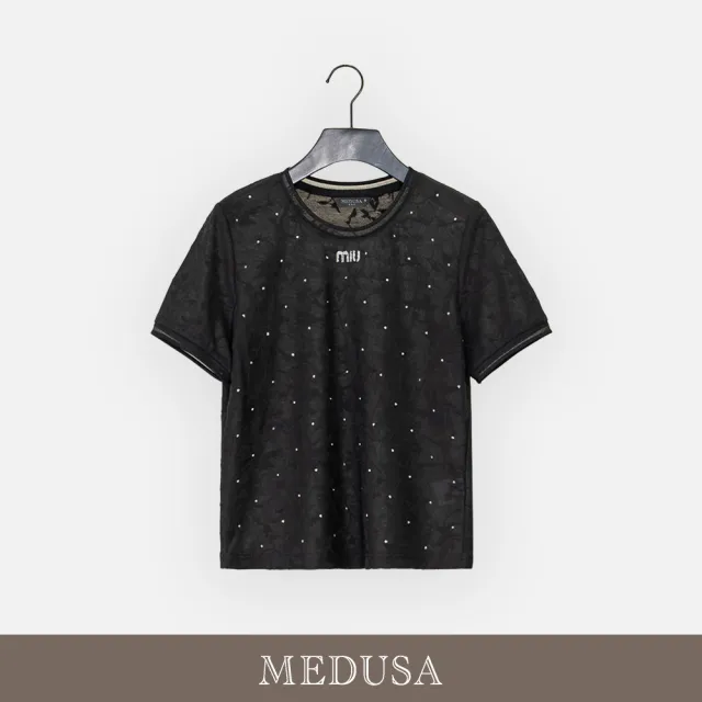 【MEDUSA 曼度莎】現貨-水鑽點點緹花微透上衣（M-2L）｜女上衣 氣質上衣 短袖上衣(601-30101)