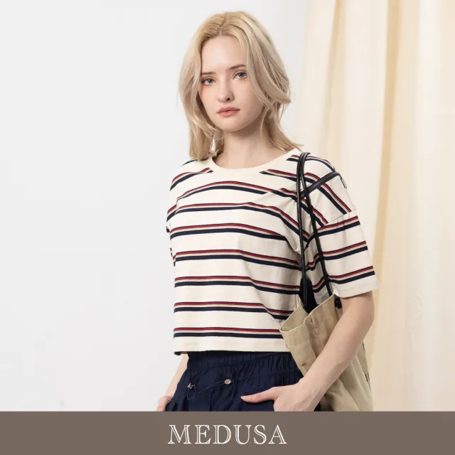 【MEDUSA 曼度莎】現貨-台灣製 海軍風條紋拉鍊寬鬆T恤（M-XL）｜女短袖T恤 女休閒上衣 條紋T恤(601-5150A)