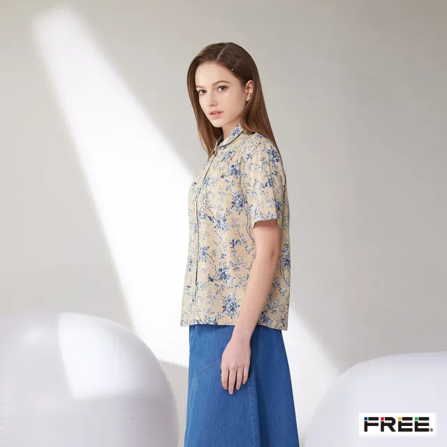 【FREE】進口有機棉印花小圓領襯衫(卡其)