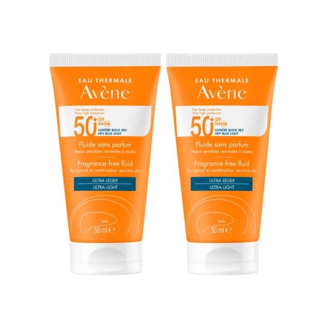 【Avene 雅漾】超能輕感防曬液(無香)SPF50+50ml(1+1入組)