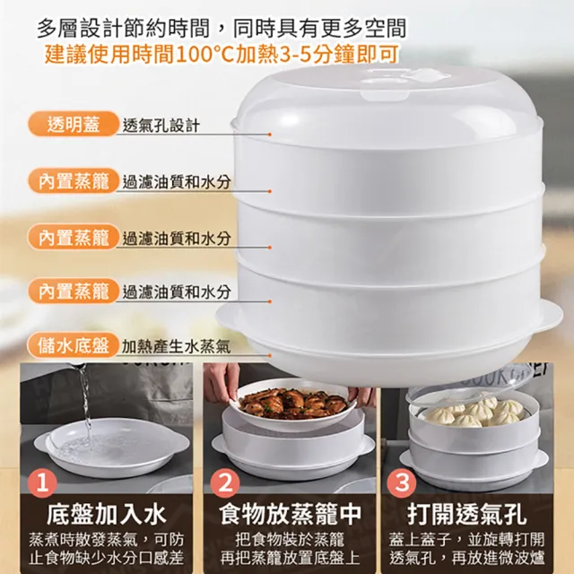 【JOHN HOUSE】微波爐專用蒸籠 分層帶蓋蒸盤 蒸架 蒸屜 蒸盒 微波加熱盒(大款三層)