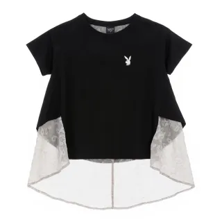 【PLAYBOY】寬鬆塗鴉雪紡拼接上衣(黑色)