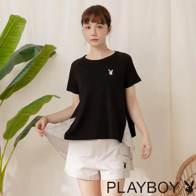 【PLAYBOY】寬鬆塗鴉雪紡拼接上衣(黑色)