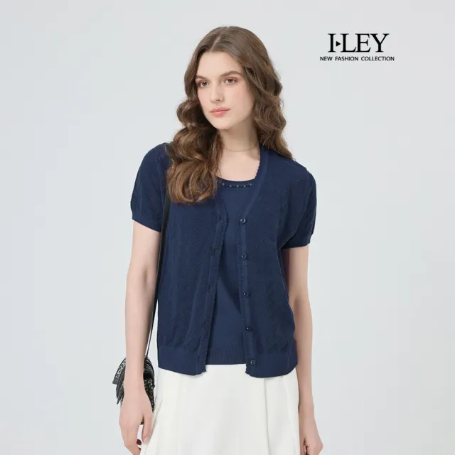 【ILEY 伊蕾】假兩件萊賽爾菱格針織上衣(深藍；M-2L；1251455409)