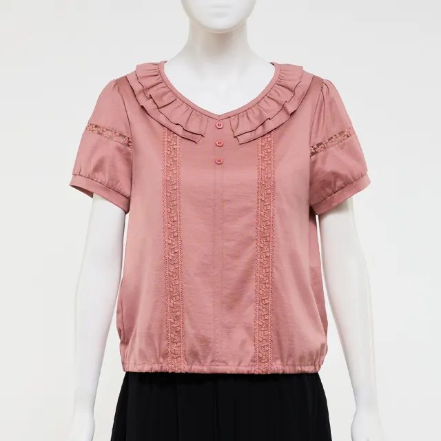 【ILEY 伊蕾】蕾絲裝飾帶造型絲光棉上衣(粉；M-2L；1252161215)