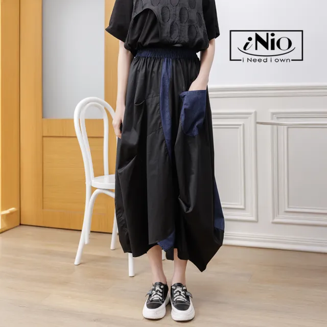 【iNio 衣著美學】花苞裙 現貨 日雜風 跳色拼接 鬆緊腰燈籠裙(CEW2028)