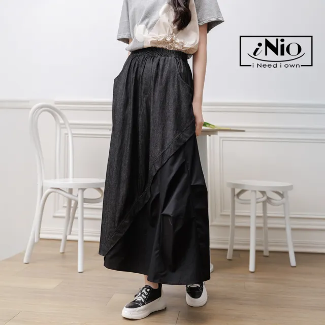 【iNio 衣著美學】牛仔裙 現貨 層次拼接 鬆緊腰 輕柔丹寧長裙(CEW2026)