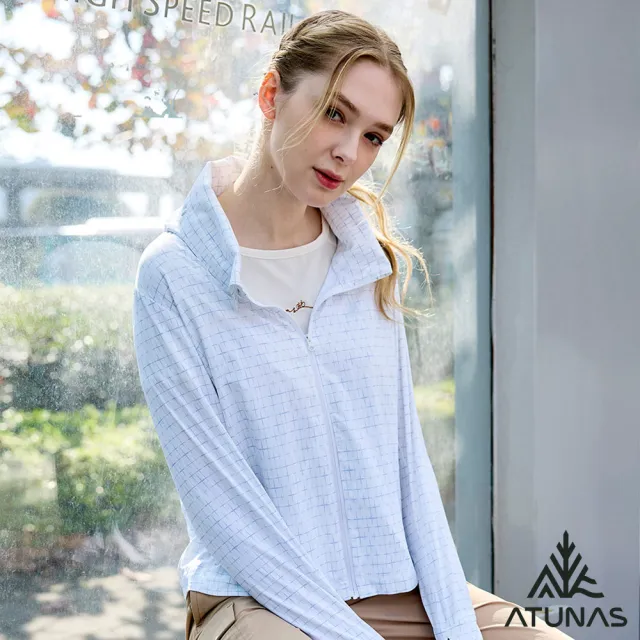 【ATUNAS 歐都納】女款蚊瘋不動涼感Q-MAX輕薄風衣外套(A1GA2510W冰藍印花/防蚊/驅蚊/防曬抗UV/戶外/休閒)