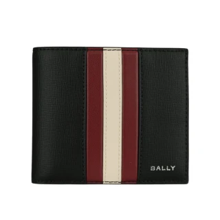 【BALLY】Mythos 紅白條紋再生牛皮對開8卡短夾(黑色)