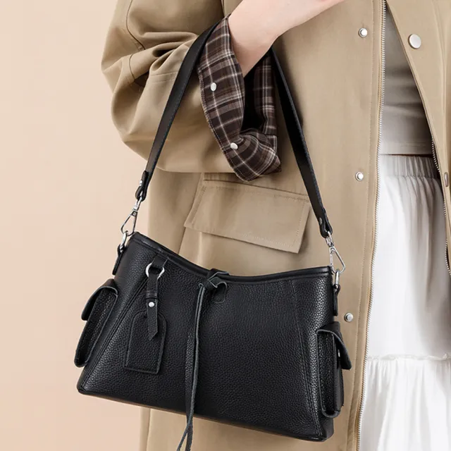 【LEEHER】雙11 女生/包包/單肩包/真皮包包/機車包/奶茶色包/腋下包/大容量斜背包/通勤包/黑色 