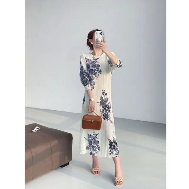 【巴黎精品】現貨+預購 三宅風皺褶衣服洋裝褶皺長裙七分袖連身裙摺衣彈力女裝顯瘦折衣大碼(圓領3色a1jb47)