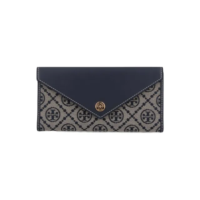 【TORY BURCH】T-MONOGRAM 緹花按扣長夾(海軍藍色)