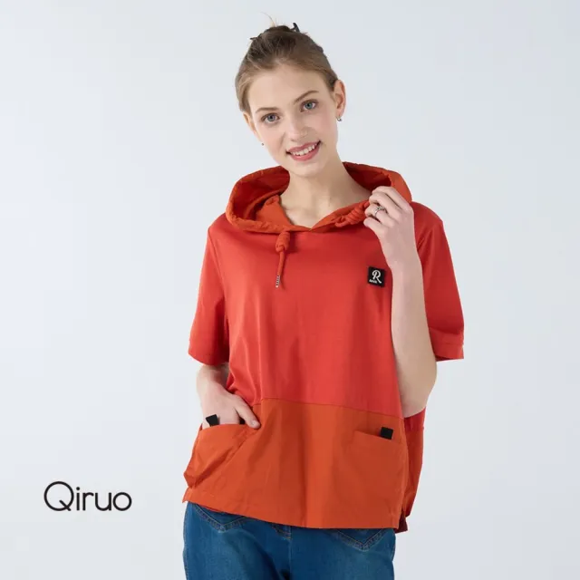 【Qiruo 奇若名品】双布料拼接 上等棉質雙口袋橘色連帽上衣1816A
