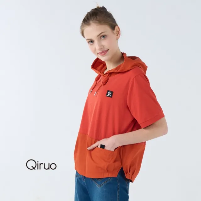 【Qiruo 奇若名品】双布料拼接 上等棉質雙口袋橘色連帽上衣1816A