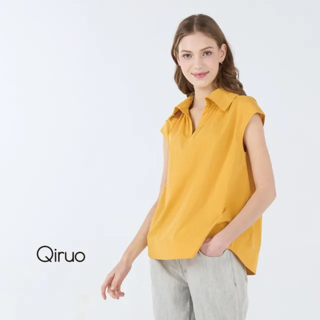 【Qiruo 奇若名品】棉麻質感 有領襯衫 V領亮黃小包袖 短版上衣7034A