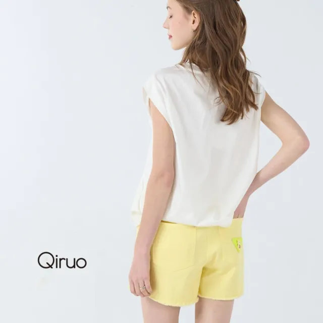 【Qiruo 奇若名品】牛仔布料下擺抓鬚拉鍊鈕扣黃色牛仔短褲7020C