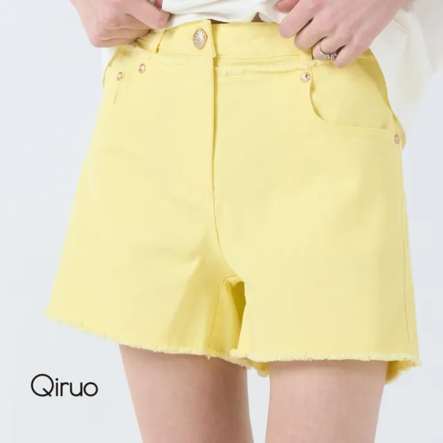 【Qiruo 奇若名品】牛仔布料下擺抓鬚拉鍊鈕扣黃色牛仔短褲7020C