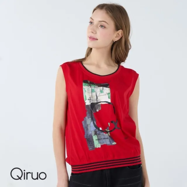 【Qiruo 奇若名品】棉質圓領 下擺縮口滾邊 胸前彩繪紋樣無袖紅色背心上衣
