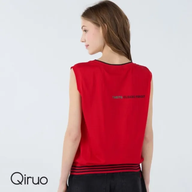 【Qiruo 奇若名品】棉質圓領 下擺縮口滾邊 胸前彩繪紋樣無袖紅色背心上衣