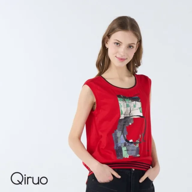 【Qiruo 奇若名品】棉質圓領 下擺縮口滾邊 胸前彩繪紋樣無袖紅色背心上衣