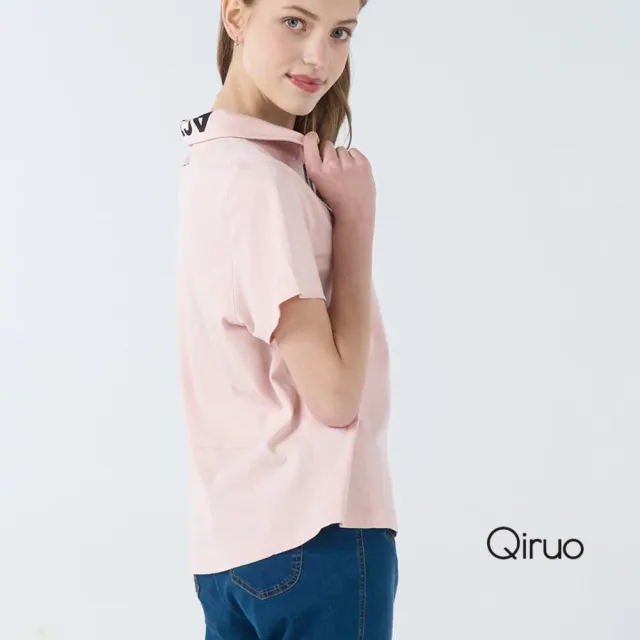 【Qiruo 奇若名品】精細上等棉POLO拉鍊立領 領口刷色染圖插畫 粉紅短袖上