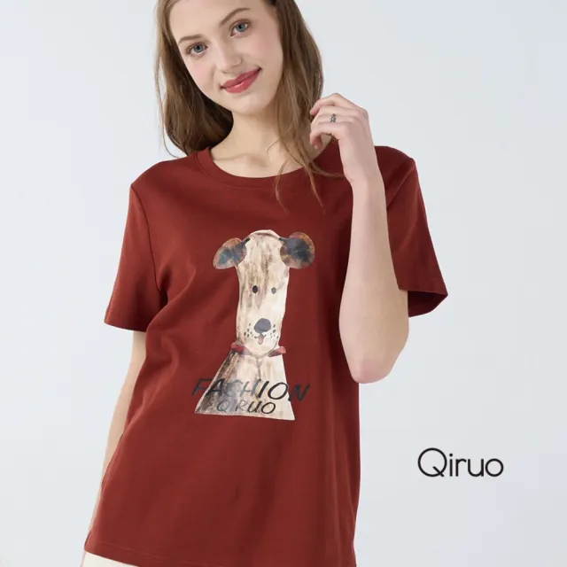 【Qiruo 奇若名品】棉質小圓領短袖T☆ 胸前狗狗圖案 暗紅色短袖棉上衣7093A