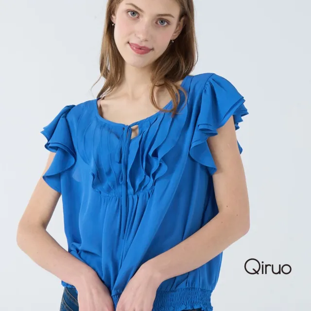 【Qiruo 奇若名品】雪紡紗荷葉滾双層下擺寬版彈力帶寶藍色短袖上衣7006A