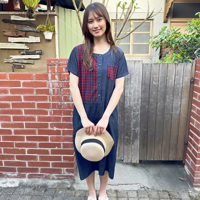 【Hana Mokuba】花木馬日系女裝日系格紋拼接牛仔洋裝(洋裝)