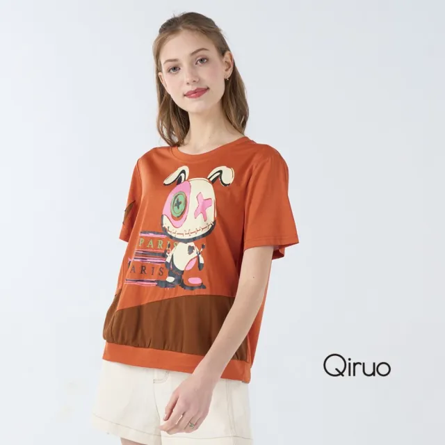 【Qiruo 奇若名品】棉質双橘色棉布料印花設計兔子短袖上衣7087A