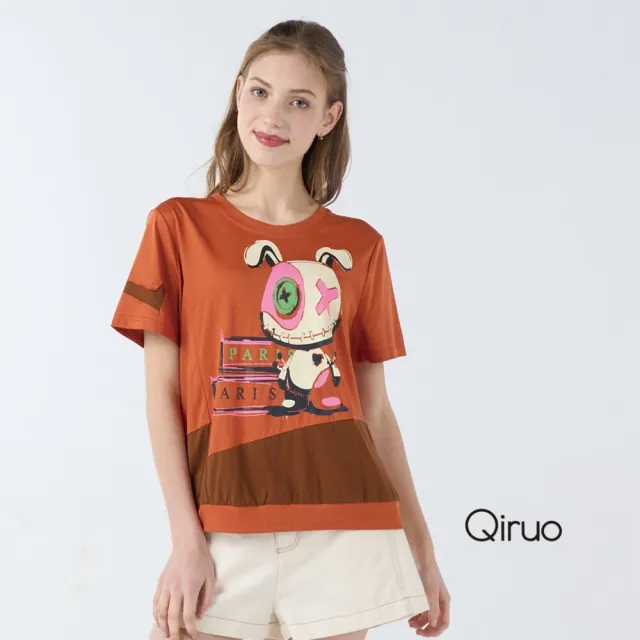 【Qiruo 奇若名品】棉質双橘色棉布料印花設計兔子短袖上衣7087A