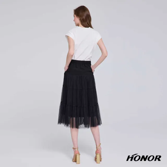 【HONOR 山形屋】出清品 浪漫金釦裝飾層次網紗中長裙-黑(限定出清)
