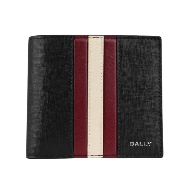 【BALLY】Mythos 紅白條紋再生牛皮對開零錢袋短夾(黑色)