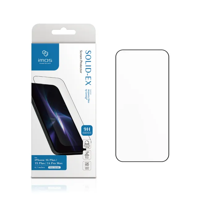 【iMos】iPhone 16 Plus/15 Plus/14 Pro Max 6.7吋 9H康寧滿版黑邊玻璃螢幕保護貼(AGbc)