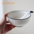 【Just Home】簡約藍邊陶瓷把手泡麵碗900ml-麵碗+飯碗+湯匙6件組(大容量/可微波/麵碗/湯碗/碗/飯碗)